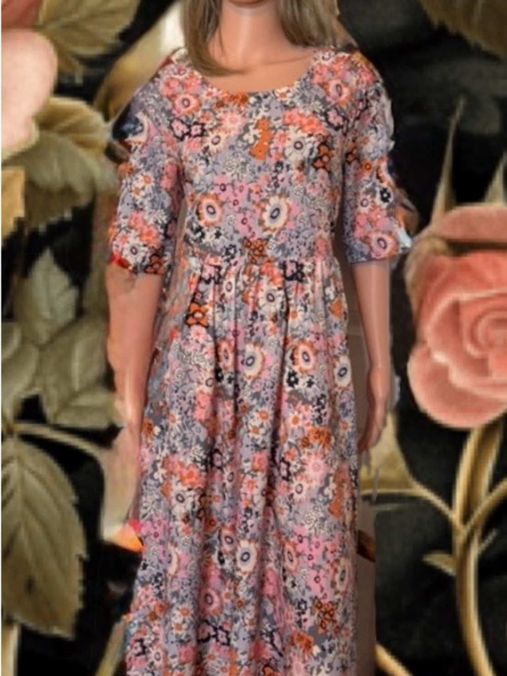 Floral Midi Dress in Pink & Orange